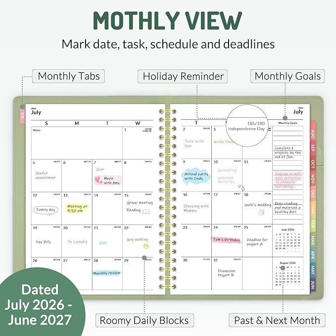 Forvencer Planner 2026-2027, Academic Planner Weekly & Monthly, Vegan Leather Cover Calendar Planner, July 2026 - June 2027, 6" x 8", Daily Agenda with Tabs, Student Teacher Planning Organizer