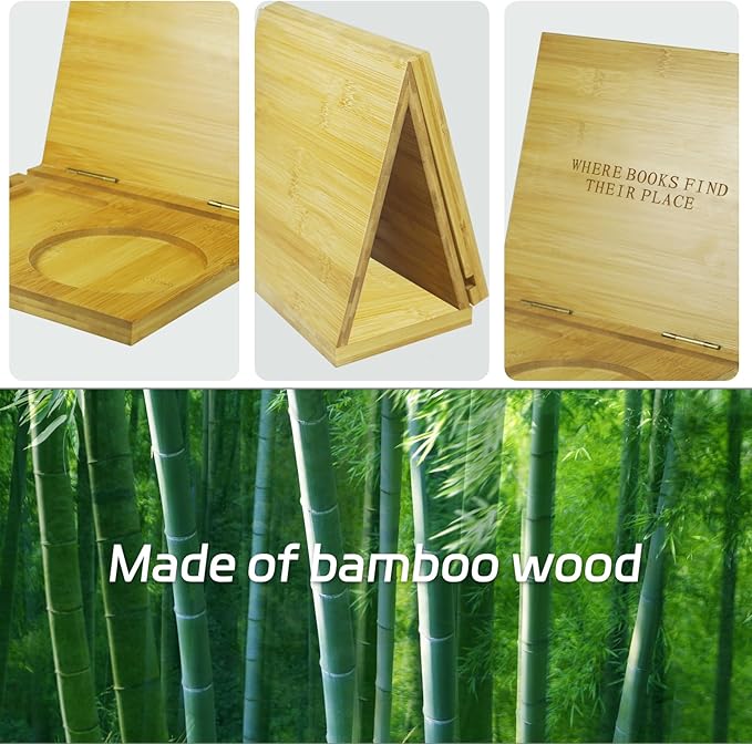 ZenRich Bamboo Wooden Book Stand Holder - Unique Book Nook Reading Valet with Cup, Glasses & Pen/Tablet/Kindle Holder. Foldable Bookmark - Ideal for Lovers