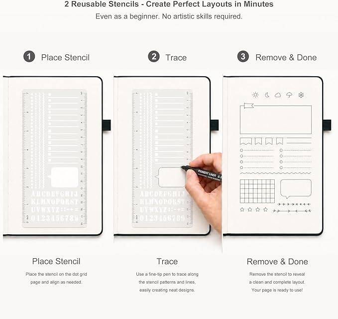&And Per Se Dotted Journal Notebook 3 Pack, A5 Hardcover with Journal Dotted Pages, Stencils & Pens, 176 Numbered Pages Each for Students Teachers Office (Green)