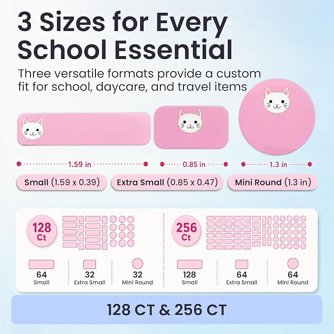 Label Daddy Personalized Name Labels for School, Cat Design | Waterproof Name Tags for Kids, Washable Custom Daycare Labels, Clothing, Lunch Boxes, Water Bottles and More, 128 Ct & 256 Ct