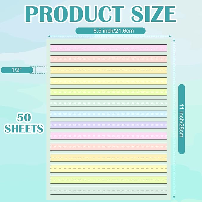 50 Sheets Handwriting Paper 8.5”x11” Double Side Colored Primary Writing Paper for Kids with ADHD 0.5” Tactile Writing Lines Spacing Multi-Sensory Ruled Handwriting Tablet Dysgraphia Pad for Children