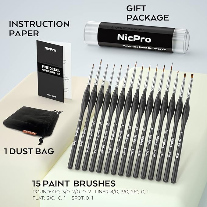 Nicpro 15 PCS Micro Fine Detail Paint Brush Set, Small Miniature Fine Tip Detail Brushes Kit for Acrylic Oil Watercolor, Models, Paint by Numbers, Miniature Painting, Craft, Rock Painting (Black)
