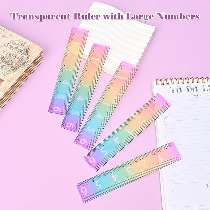 BAYTORY 6Pcs 6inch/15cm Acrylic Straight Rulers, Transparent Gradient Color Rulers, Shatterproof Rainbow Color Measure Stationery with Centimeters, for School Classroom Student (6inch/15cm)