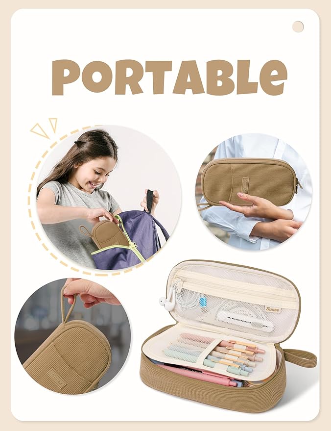 SUNEE Cute Pencil Case, Large Pencil Pouch, Soft Corduroy Fabric Big Pencil Bag with Zipper, Kawaii Pen Bag Stationery Storage and Organizer, School Supplies for Teen, Student, Boys, Girls, Khaki
