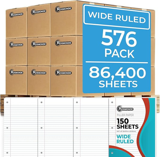 Rosmonde 576 Pack (Pallet) Loose Leaf Paper Bulk, 86400 Sheets, Wide Ruled, Pallet of Filler Paper, 150 Sheets/Pack, 8 x 10.5, 3 Hole Punched, Filler Notebook Paper, School & Office, 4-7 Days Transit