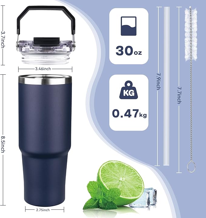 30oz Tumbler with Handle and Flip Straw Lid Double Wall Insulated Travel Coffee Mug Stainless Steel Vacuum Insulated Coffee Tumbler Cup for Hot and Cold Beverages,Leak-proof&BPA-free (30oz,Navy blue)