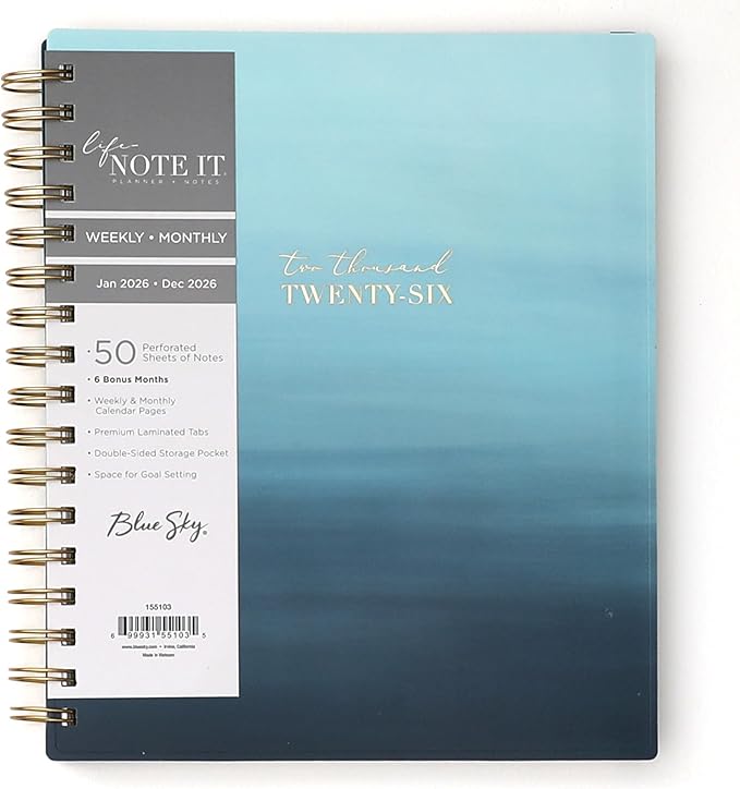 Blue Sky Life Note It 2026 Weekly and Monthly Planner Notes, January 2026 - December 2026, 7" x 9", Flexible Cover, Durable Twin Wire Binding, Storage Pocket, 50 Perforated Notes Sheets, Marina