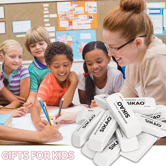 White Erasers, 6 Pack Pencil Erasers for Kids – Latex-Free & Smudge-Free Beveled Rubber Erasers for School Supplies, Classroom, Tests & Homework