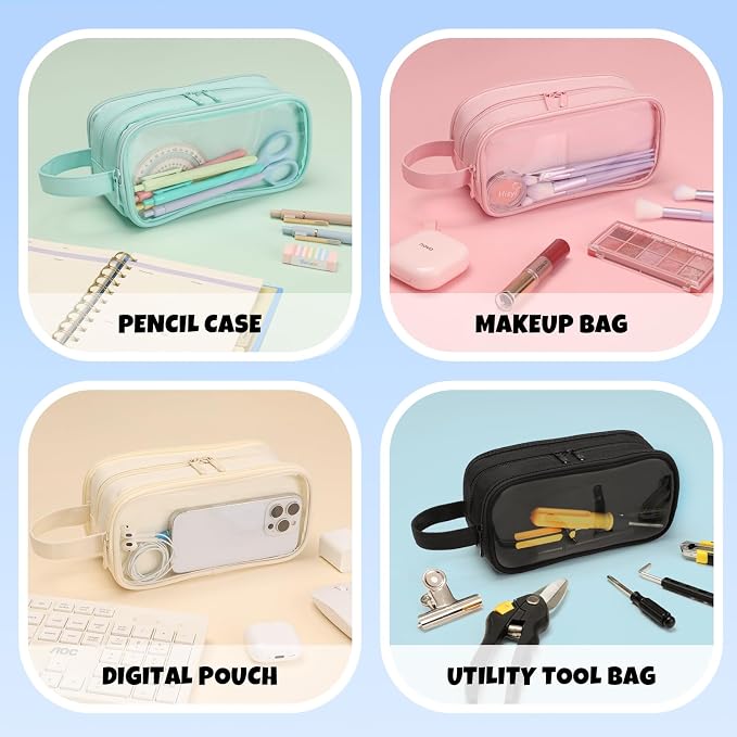 SUNEE Large Capacity Pencil Case with 3 Compartment, Extra Big Pencil Pouch, Pencil Bag with Clear Window, Pen Case School Supplies for Teens Adults Girls Boys, Black