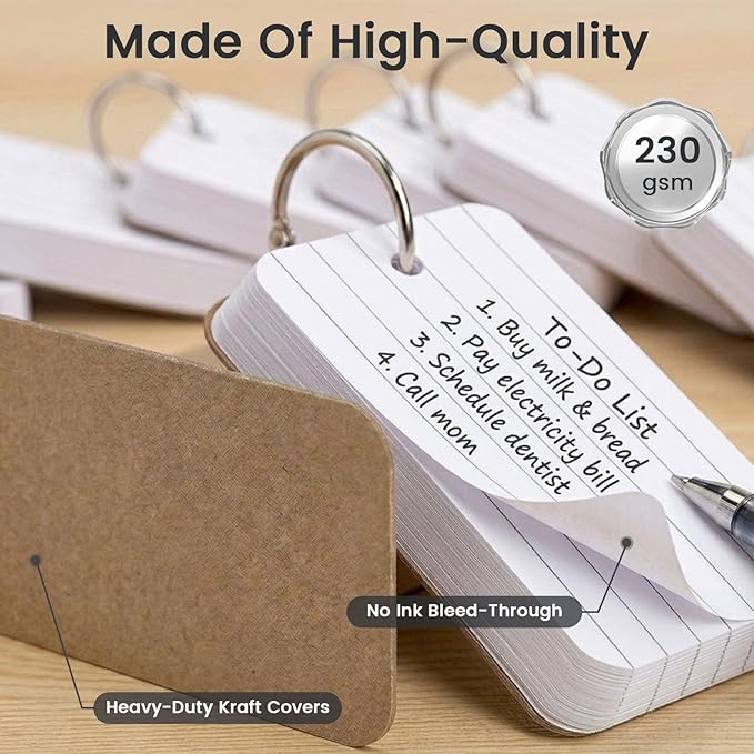 Koogel 300PCS Small Index Cards with Ring, 2.2 x 3.5 Inch, Lined Heavy Ruled Flash Cards for Studying, Portable Notecards for School Classroom Office Recipe Note Taking and To Do List Supplies, White