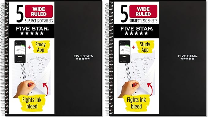 Five Star Spiral Notebook + Study App, 5 Subject, Wide Ruled Paper, 8" x 10-1/2", 200 Sheets, Fights Ink Bleed, Water Resistant Cover, Black (72045) (Pack of 2)