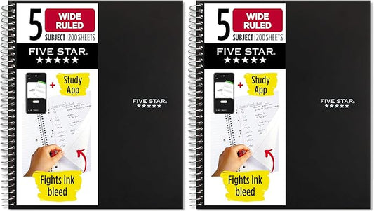 Five Star Spiral Notebook + Study App, 5 Subject, Wide Ruled Paper, 8" x 10-1/2", 200 Sheets, Fights Ink Bleed, Water Resistant Cover, Black (72045) (Pack of 2)