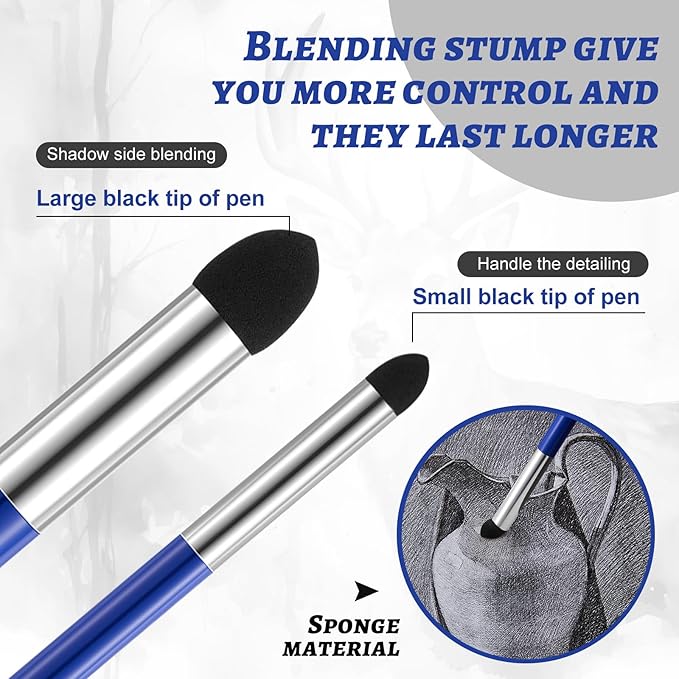Kosiz 12 Pcs Blending Sponge Pen Double Headed Rub and Buff Washable Sketch Rubbing Sponge Brush Wipe Reusable Blending Stump Drawing Art Blenders for Artist Highlight Shadow Detail Tool (Blue)