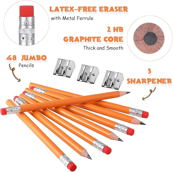 Fainne 48 Pcs Fat Pencils Jumbo Big Thick Large Pencils and 3 Pieces Sharpeners for Kids Beginners Preschoolers Kindergarten School Office Supplies(Orange+Silver,Round)