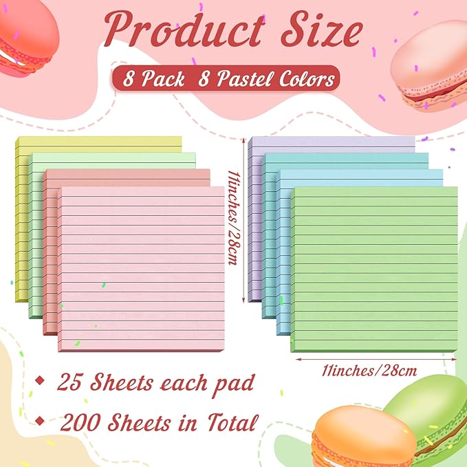 Qeeenar 8 Pads Big Sticky Notes 11 x 11 Inch Lined Jumbo Large Sticky Notes for Wall,Giant Strong Power Memo Square Post for Office, 25 Sheets/Pad(Pastel Color)