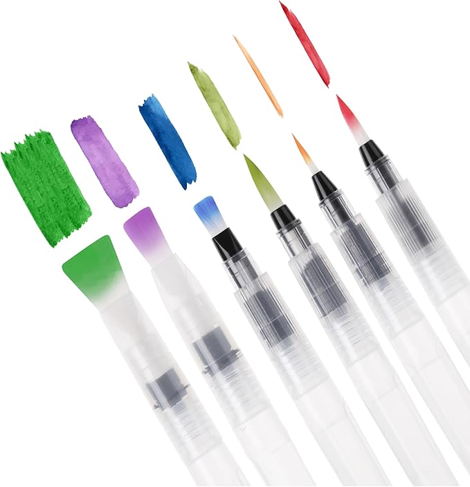 Mr. Pen- Watercolor Brush Pens, 6 pcs, 3 x Point Tips and 3 x Flat Tips Styles, Nylon Bristles, Refillable Watercolor Pens for Acrylic, Gouache, Crayons, Ideal for Artists, Drawing, Sketching