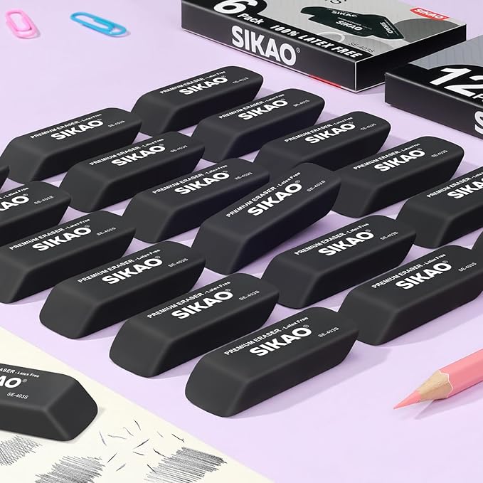 Black Erasers, 6 Pack Pencil Erasers for Kids – Latex-Free & Smudge-Free Beveled Rubber Erasers for School Supplies, Classroom, Office & Homework