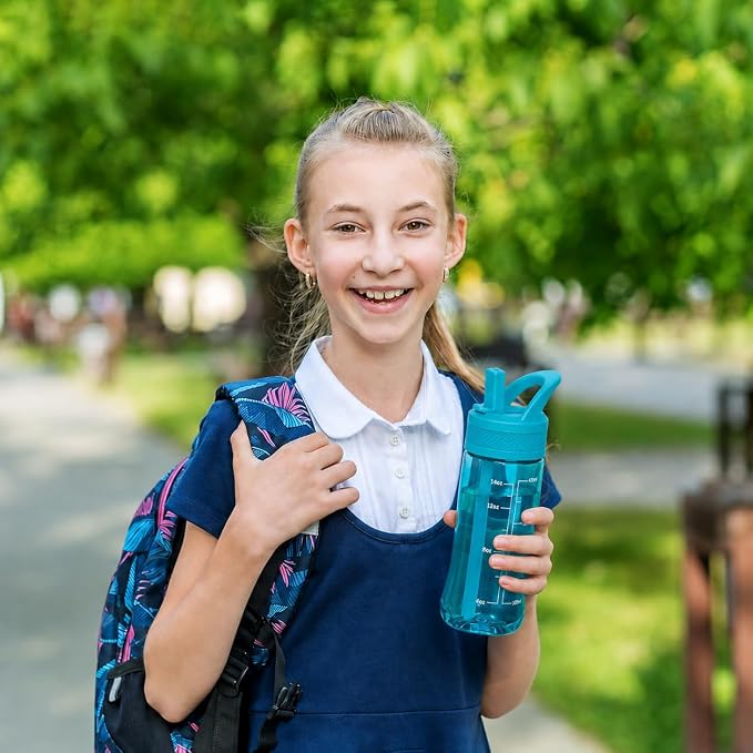 14oz Clear Kids Water Bottle with Straw Lid, BPA-Free Tritan, Measurement Scale, Sturdy Handle Wide Mouth Leak-proof Reusable Plastic Bottle for Boy& Girls, Back to School(Blue)