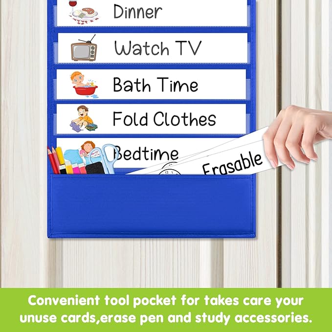 Eamay Daily Schedule Pocket Charts, Teacher Schedule Chart with Resuable 18 Custom Cards, Classroom Pocket Chart for School Office or Homeschool Activities, Blue