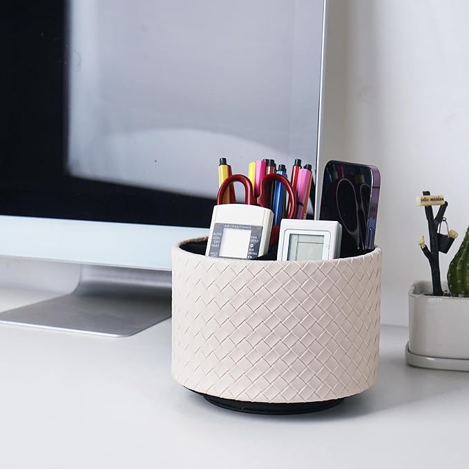 Round Leather Art Supply Organizer,Remote Control Holder,360 Degree Spinning,Multi-Functional Pencil Holder,4 Compartments Desktop Stationary Organizer(1-Weave White)