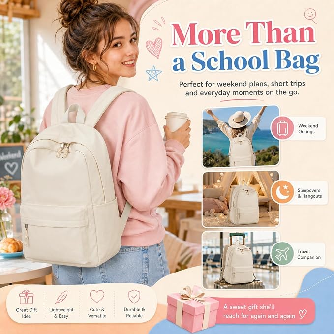 LOIDOU Backpack for Girls School Backpacks Bookbags for Elementary Middle School Women Laptop Backpacks (Pure Beige, L-17)