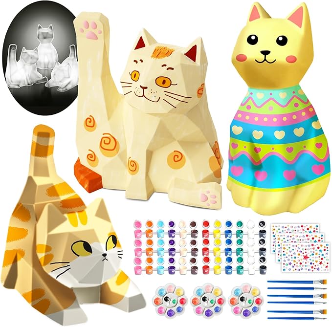 Goody King Paint Your Own Cat Lamp Art Kit, 3PCS DIY Night Light, Arts & Crafts for Kids Ages 8-12, Painting Kit for Girls Boys Age 4 5 6 7 8+, Art Supplies Cat Craft Birthday Gifts for Kids Ages 3+