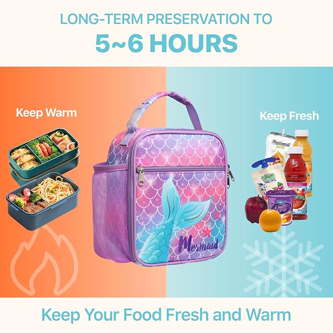 Bagseri Kids Lunch Box for Girls - Insulated Toddler Lunch Bag Fits Bento Box, Reusable Daycare Cooler Tote with Clip Handle, Water-Resistant Lining, Purple Mermaid Tail