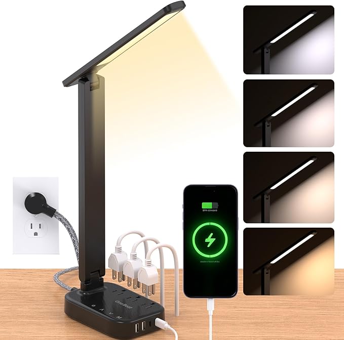One Beat Small LED Desk Lamp Power Strip 5ft Extension Cord with 3 Outlets 4 USB Ports(2 USB C), 4 Modes, 5 Level Touch Lamp Study Reading Light, Home Office Bedroom College Dorm Room Essentials,Black
