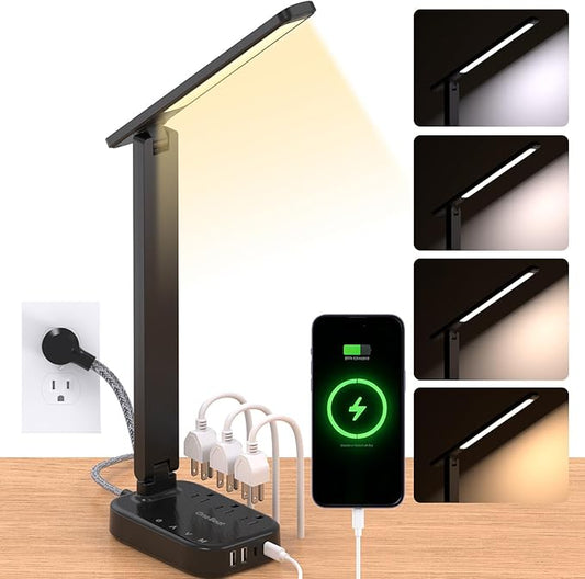 One Beat Small LED Desk Lamp Power Strip 10ft Extension Cord, 3 Outlets 4 USB Ports(2 USB C), 4 Modes, 5 Level Touch Lamp, Study Reading Light, Home Office Bedroom College Dorm Room Essentials, Black
