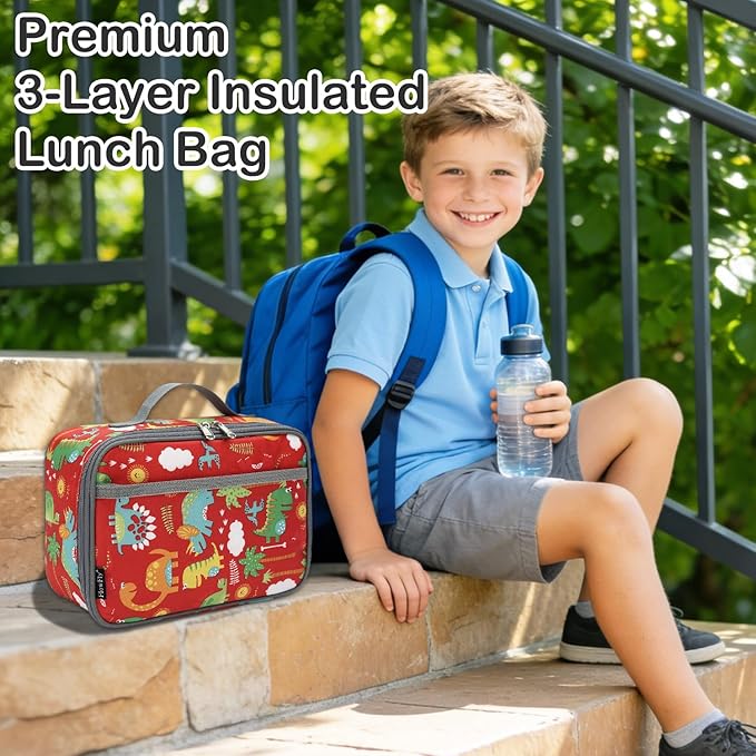 FlowFly Kids Lunch box Insulated Soft Bag Mini Cooler Back to School Thermal Meal Tote Kit for Girls, Boys,Dinosaur&Coconut