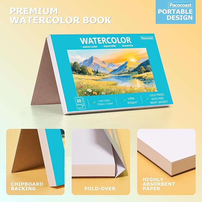 Pacocoast Water Color Paper Bulk, 5.5"x8.5" Art Sketch Book, Pack of 3 (90 Sheets), (140lb/300g) Artist Watercolor Drawing Paper for Adults, Watercolor Pad for Paint, Pencil, Pastel, Crayon