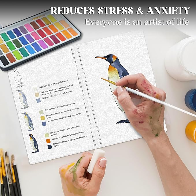 5Pcs Watercolor Workbook, Beginner Friendly Watercolor Workbook with Step by Step for Adults with 36 Colors Paint, Watercolor Paper, Watercolor Painting Kit, Beginner-Friendly Water Coloring Book