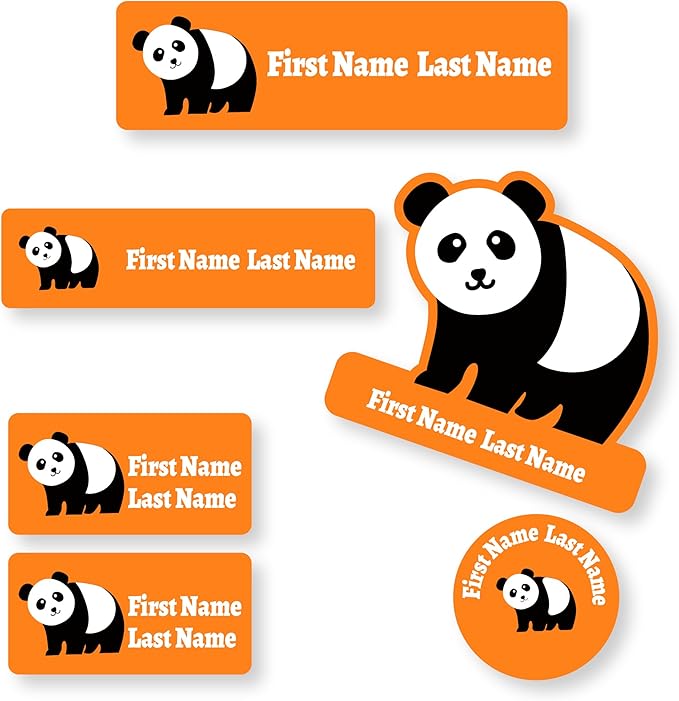 Personalized Kids Name Labels – Waterproof Custom Stickers for Daycare & School, Dishwasher & Laundry Safe (Panda - Orange)