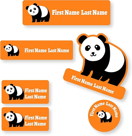 Personalized Kids Name Labels – Waterproof Custom Stickers for Daycare & School, Dishwasher & Laundry Safe (Panda - Orange)