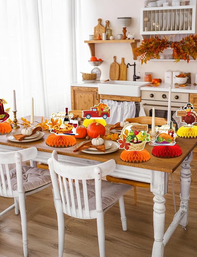 Thanksgiving Table Decorations - 9Pcs Fall Table Decorations 3D Fall Centerpieces for Tables, Turkey Pumpkin Honeycomb Centerpieces Autumn Table Topper for Autumn Thanksgiving Party Supplies