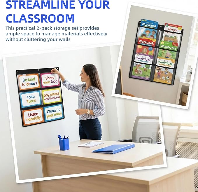 Cididu 2 Pack Pocket Chart for Classroom, Hanging Wall File Organizer with 6 Pocket, 28.3 x 24.2 In, Black Paper Storage for Cards, Drawing, Pictures, Art Display, Office, School