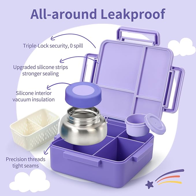 Bento Box for Kids with Thermos, [Large Capacity] Insulated Kids Lunch Box with 4 Compartment for Ages 3+, Drop-Proof & Dishwasher Safe Lunchbox Container Purple