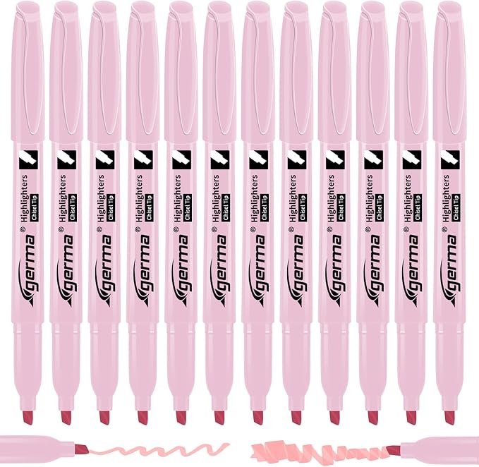 Cgerma Pink Highlighter 12 Pack, Mild Pastel Color, Chisel Tip Highlighters, Quick-Drying, Cute Aesthetic Markers for Journaling, Study, School Office Supplies