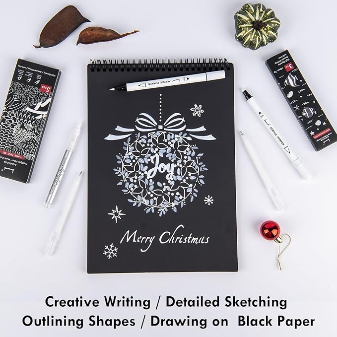 Brusarth White Pens Set, 5 Pack, 1mm White Gel Pens, Dual-Tip Acrylic Paint Pen, Brush Tip Acrylic Markers for Black Paper Drawing, Sketching, Illustration, Card Making, Bullet Journaling