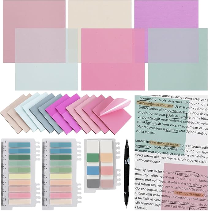 Vuzvuv 1120 Sheets Transparent Clear Sticky Notes with Pen,3x3 Inch Bulk Translucent Sticky Notes Set for Bible Tabs, Book Tabs, Office School Supplies(Purple Pink)