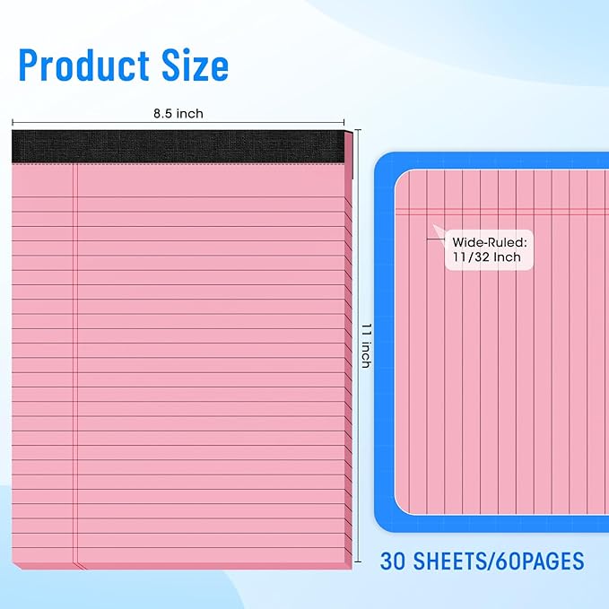 6 Packs Legal Pads 8.5 x 11 Inch, 30Sheets/Pack, College Ruled & Perforated Colored Writing Pads, Pads of Paper 8.5 x 11, Lined Note Pads with Sturdy Backing for Office, Business & School Supplies