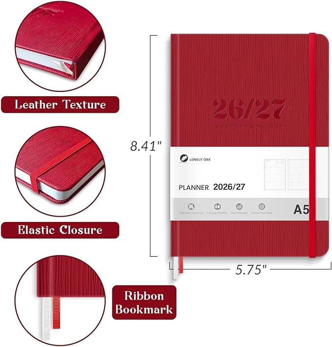 Lonely Oak Academic Planner 2026-2027, A5 Daily Weekly and Monthly Planner 5.75" x 8.4", 13 Months Faux Leather School Year Agenda from Jul.2026 to Jul.2027 for Student and Teacher (Red)