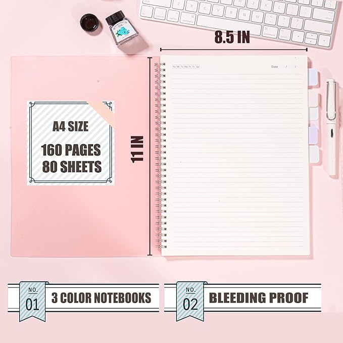 OWSC 3 Pack Ruled Notebook, 8.5 x 11 Inches Spiral Notebooks for Work, School and Journal with 110 GSM Journal Ruled Paper, Large Notebook with 80 Sheets/160 Pages, Hardcover Ruled Journal