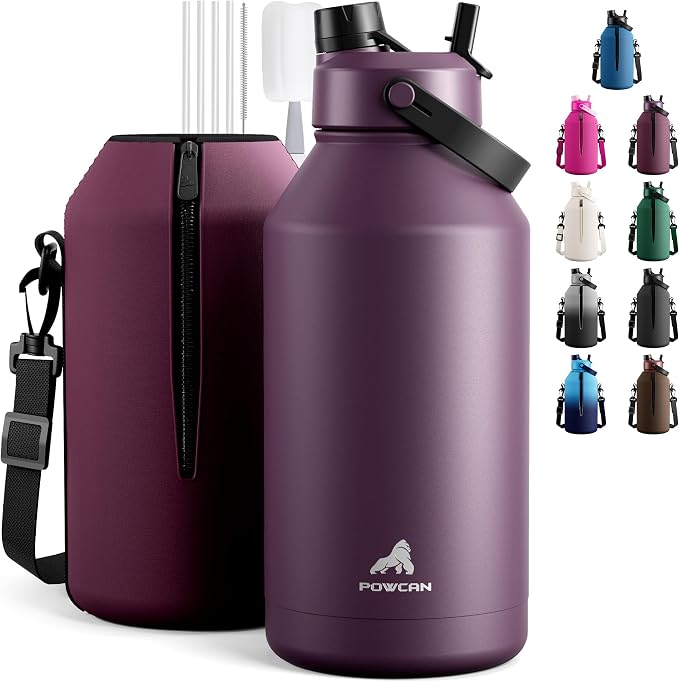 POWCAN 64 oz Insulated Water Bottle with 2-in-1 Straw & Spout Lid, Leakproof, Top Handle, Keep Cold 48H, BPA-Free, Brush, Metal Water Bottle with Carrier Bag for Work, Sports, Travel and Gym (Plum)