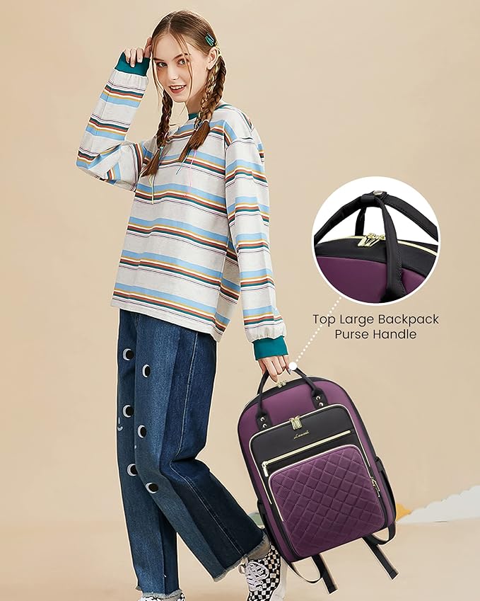 LOVEVOOK Lunch Backpack for Women, 15.6 Inch Laptop Bag with Insulated Cooler Lunch Box, Work Backpack for Teacher Nurse, Travel Backpack Lunch Bag for Camping Picnic Daily Use, Purple Black