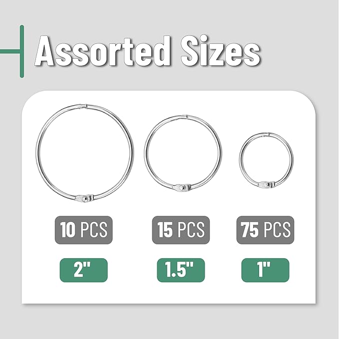 Mr. Pen- Loose Leaf Binder Ring, 100 Pack, 3 Sizes (1", 1.5", 2"), Metal Loose Leaf Binder Book Rings Bulk for Books and Index Cards, Scrapbook, Keychains, School, Home, Office, Silver