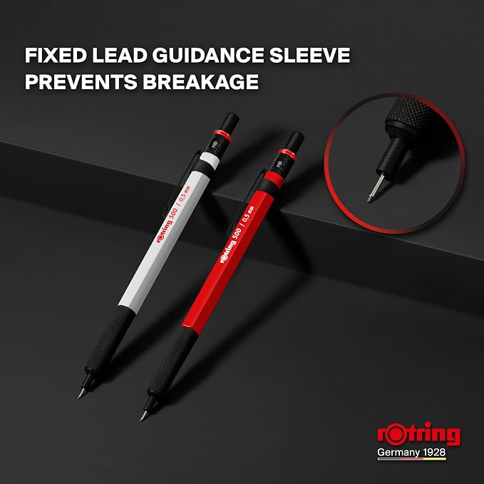 Rotring 500 Mechanical Pencil, Red and White Hexagonal Plastic Barrel and Non-Slip Textured Metal Grip, 0.5mm, HB Lead, 1 Count