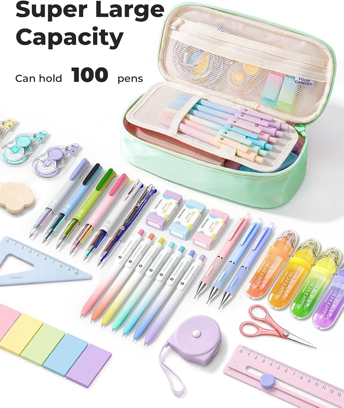 Four Candies Large Pencil Case, 5 Compartments Canvas Pen Organize | Big Capacity Pencil Pouch Bag for School Supplies, Portable Stationery Holder for Teen Girls Boy Men Women