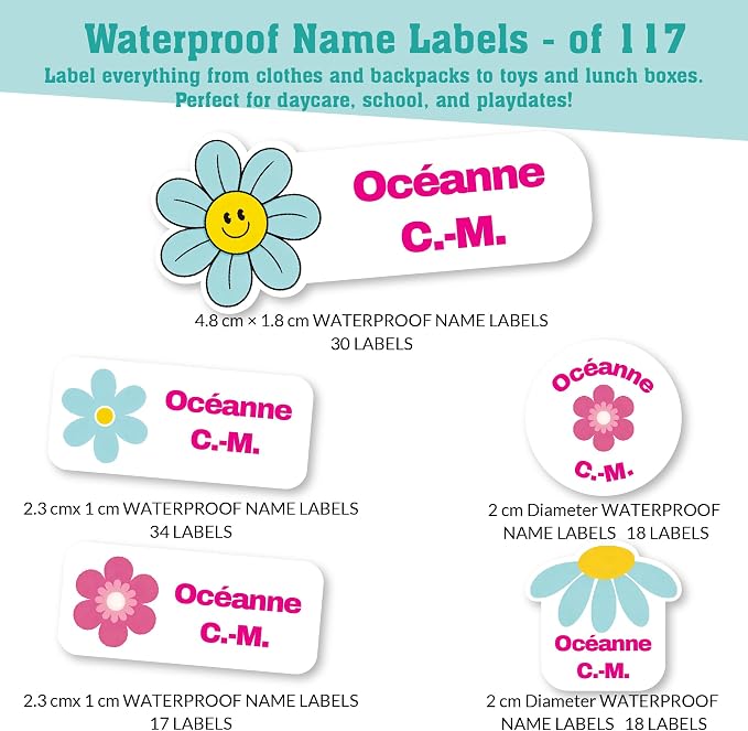 Personalized Daycare Name Labels for Kids (117 Labels) - Custom Durable Waterproof Name Stickers for Clothing Tags, Water Bottles, Lunch Boxes, and School Supplies - Dishwasher, Washer