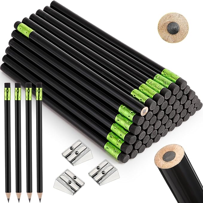 Fainne 48 Pcs Fat Pencils Jumbo Big Thick Large Pencils and 3 Pieces Sharpeners for Kids Beginners Preschoolers Kindergarten School Office Supplies(Black,Round)